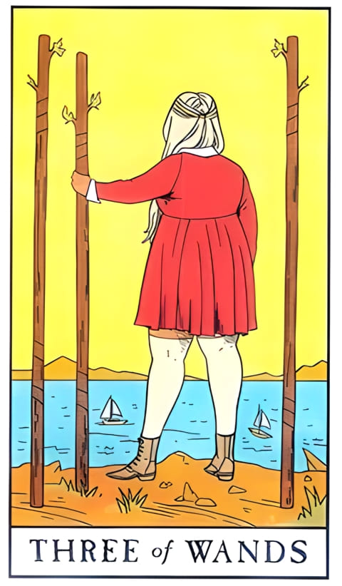 Tres de Bastos — Tarot de la Bruja Moderna