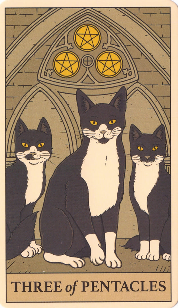 Tres de Oros — Cats Rule the Earth Tarot