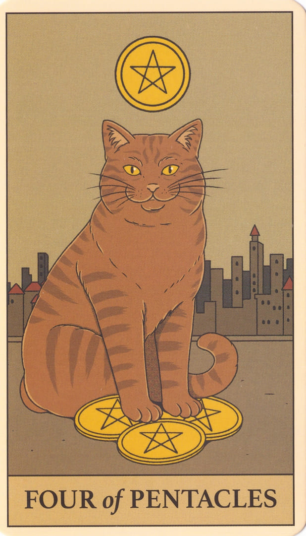 Cuatro de Oros — Cats Rule the Earth Tarot