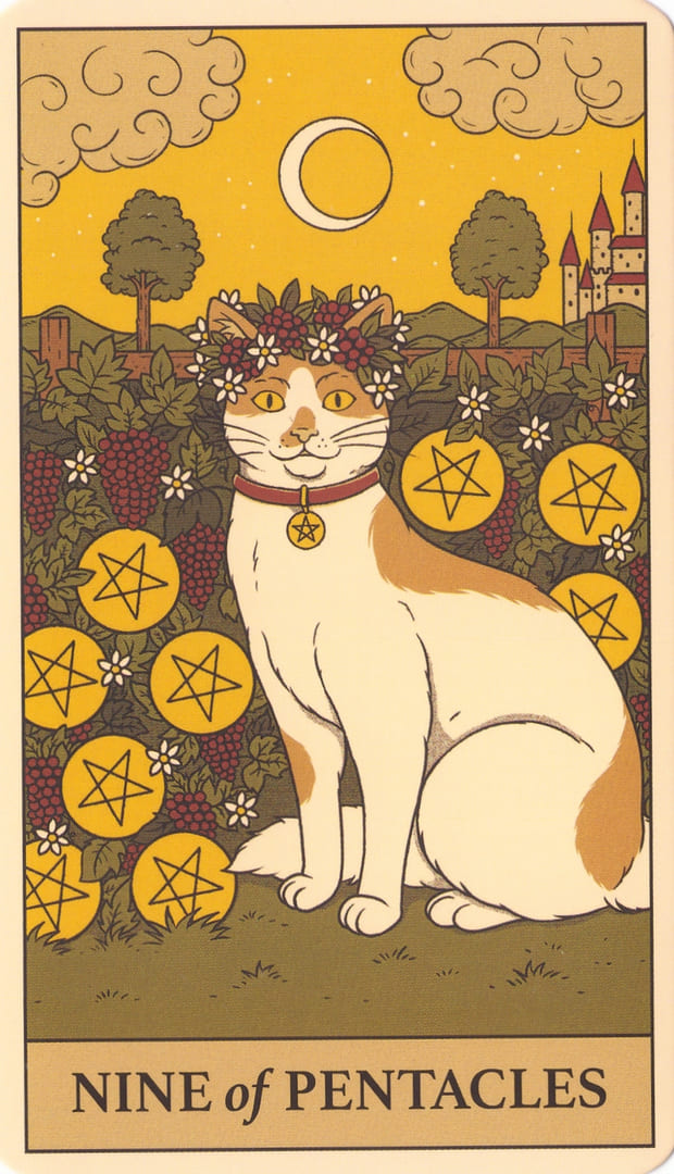 Nueve de Oros — Cats Rule the Earth Tarot