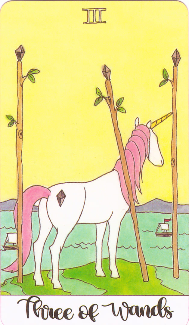Tres de Bastos — Crystal Unicorn Tarot