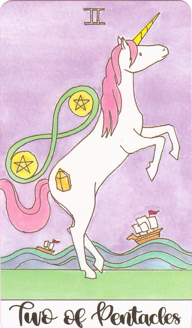 Dos de Oros — Crystal Unicorn Tarot