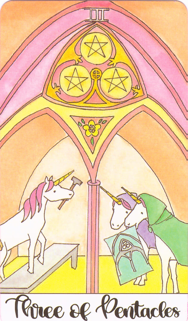 Tres de Oros — Crystal Unicorn Tarot