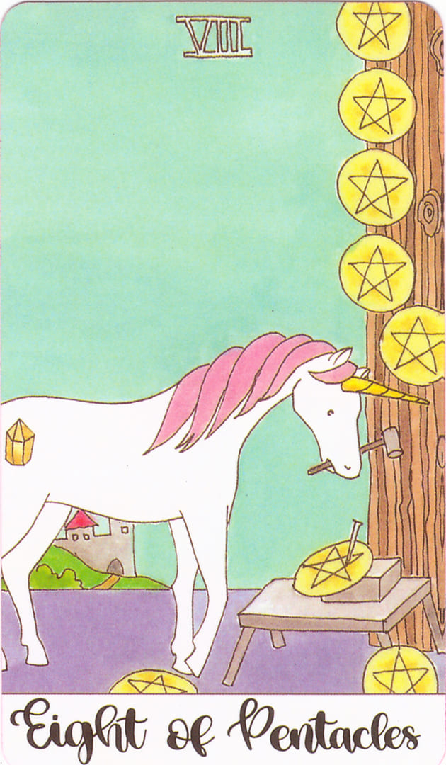 Ocho de Oros — Crystal Unicorn Tarot