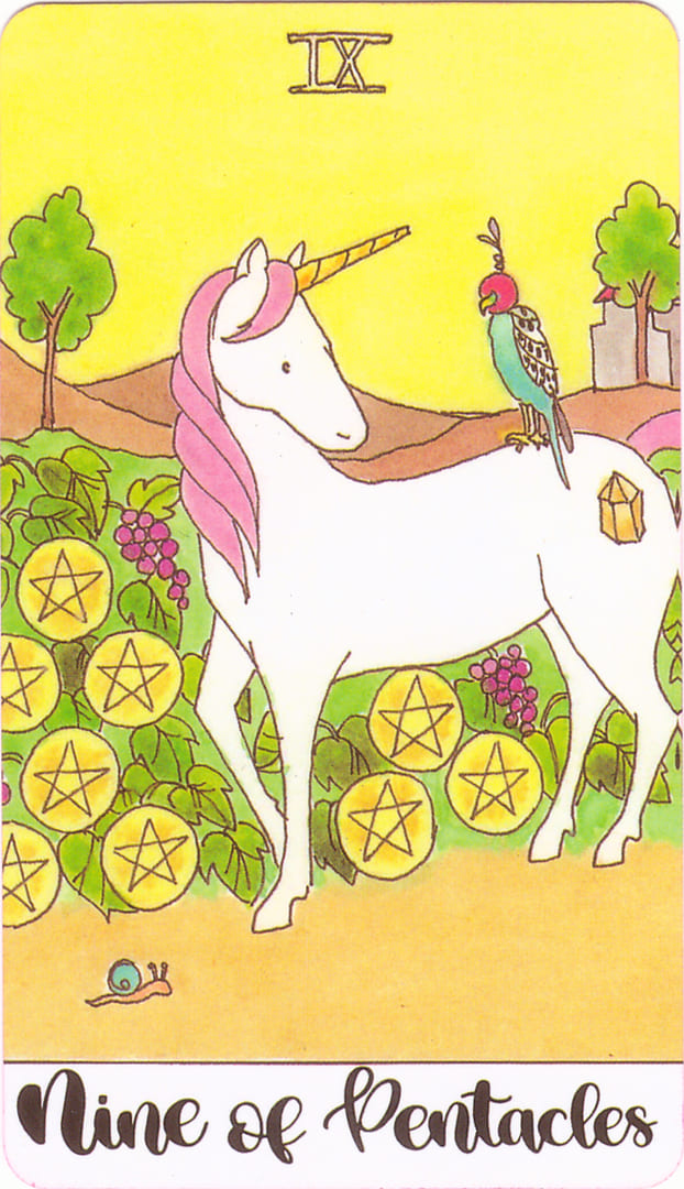 Nueve de Oros — Crystal Unicorn Tarot