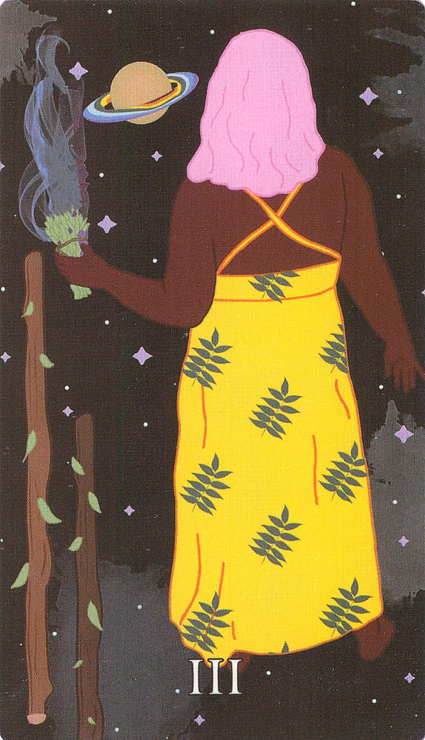 Tres de Bastos — Cosmic Coven Tarot