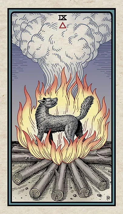 Nueve de Bastos — Alchemical Tarot