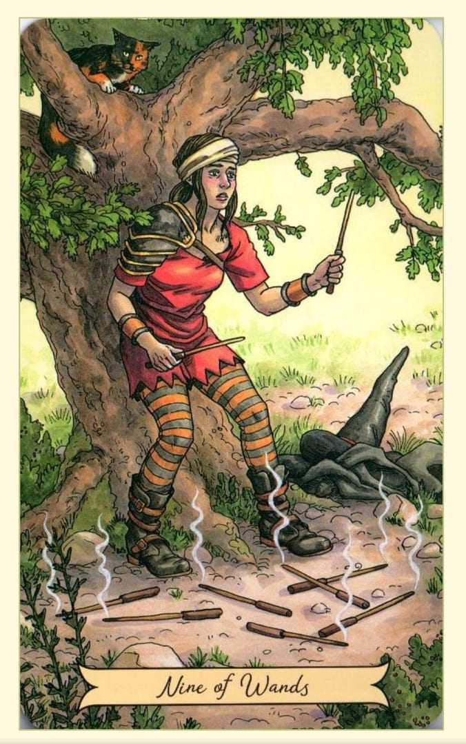 Nueve de Bastos — Everyday Witch Tarot