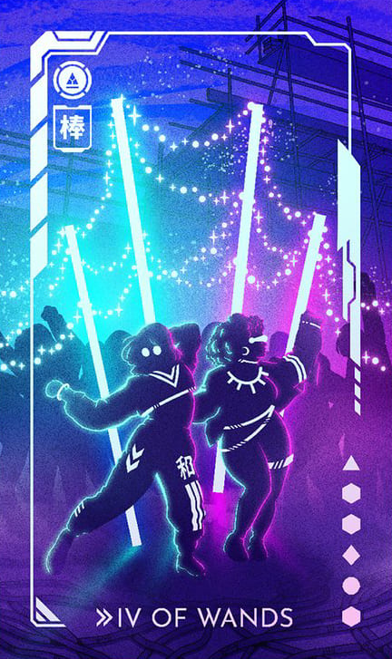 Cuatro de Bastos — Eldritch Overload Tarot