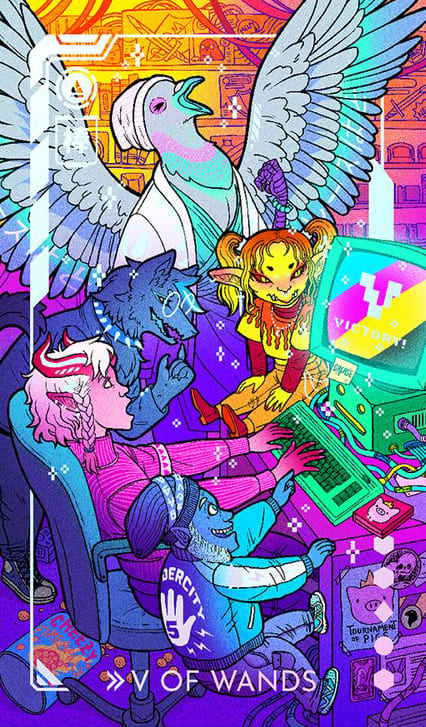 Cinco de Bastos — Eldritch Overload Tarot