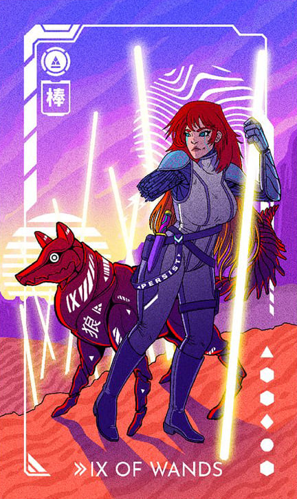 Nueve de Bastos — Eldritch Overload Tarot