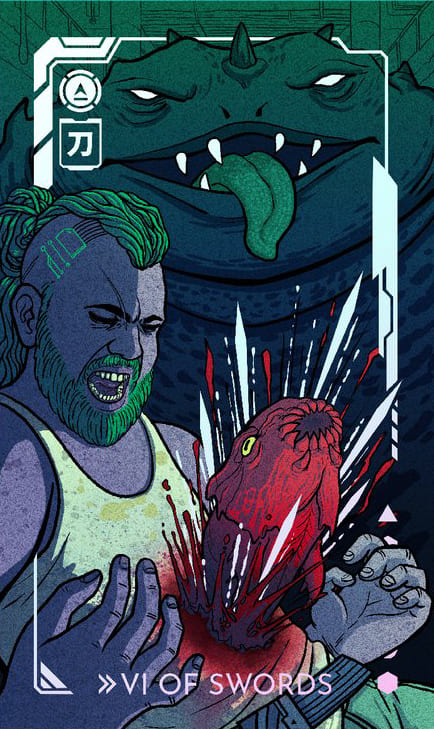 Seis de Espadas — Eldritch Overload Tarot