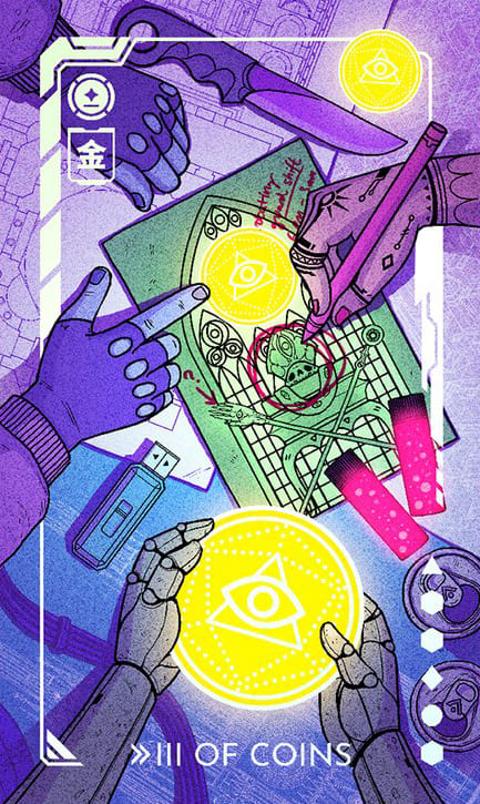 Tres de Oros — Eldritch Overload Tarot