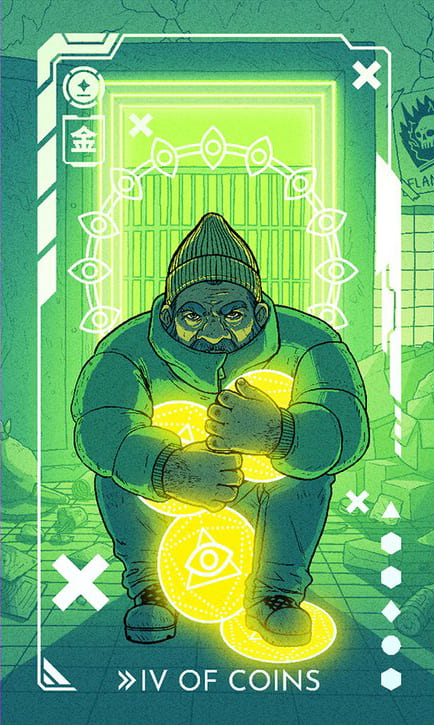 Cuatro de Oros — Eldritch Overload Tarot