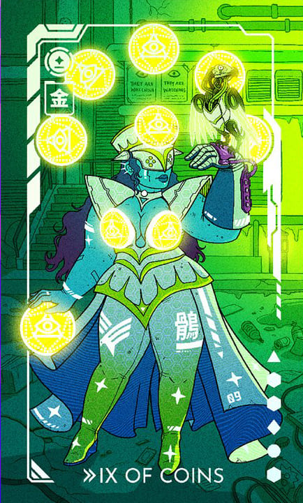 Nueve de Oros — Eldritch Overload Tarot