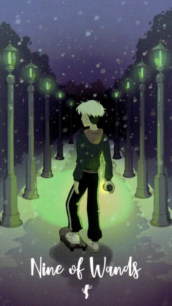 Nueve de Bastos — Cosmic Cycles Tarot