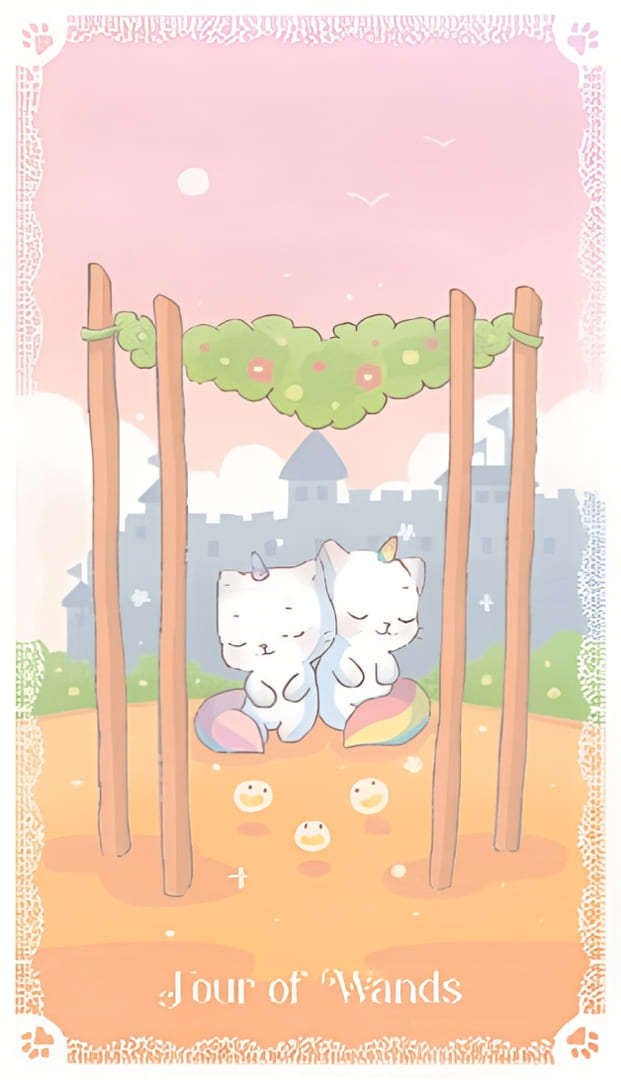 Cuatro de Bastos — Kittycorn Tarot