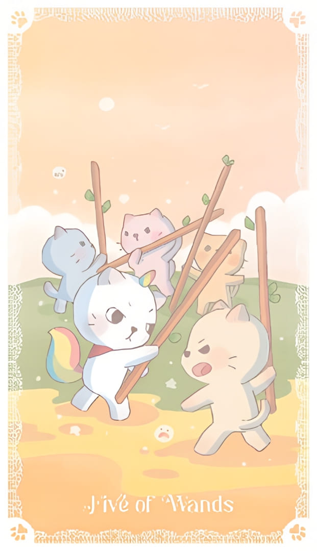 Cinco de Bastos — Kittycorn Tarot