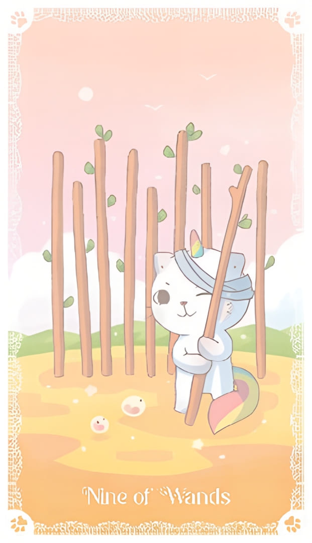 Nueve de Bastos — Kittycorn Tarot