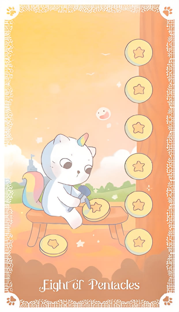 Ocho de Oros — Kittycorn Tarot