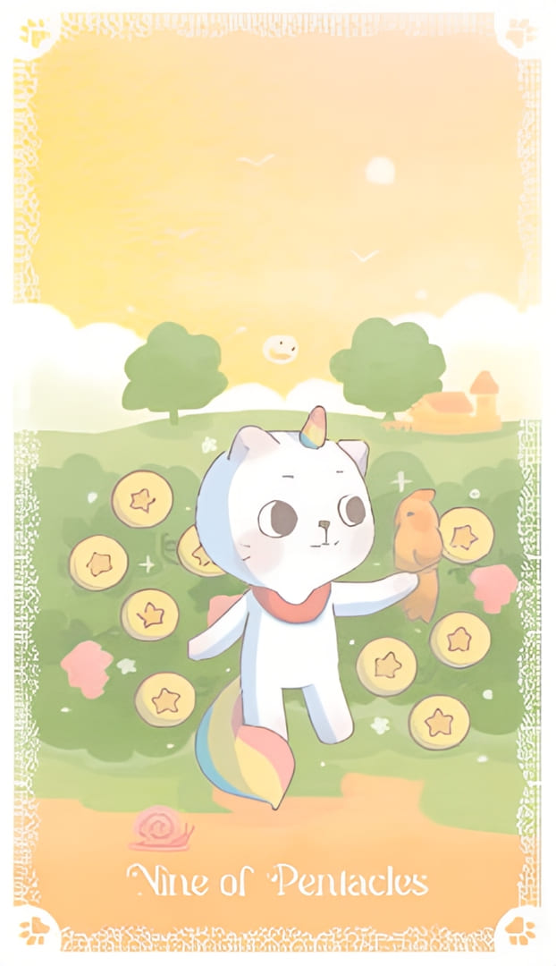 Nueve de Oros — Kittycorn Tarot