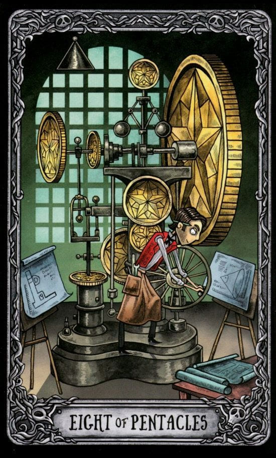 Ocho de Oros — Dark Mansion Tarot