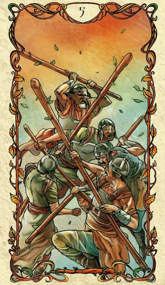 Cinco de Bastos — Tarot Mucha