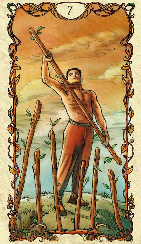 Siete de Bastos — Tarot Mucha