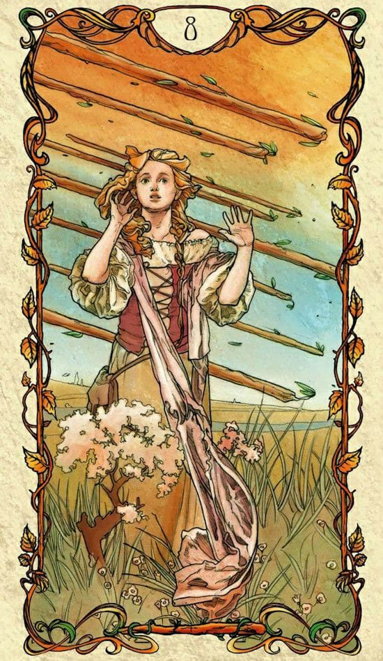 Ocho de Bastos — Tarot Mucha