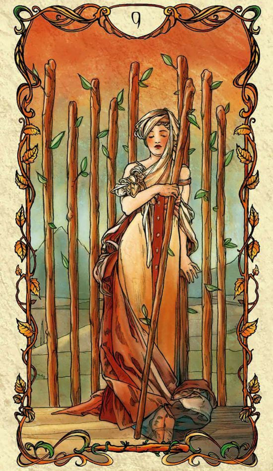 Nueve de Bastos — Tarot Mucha