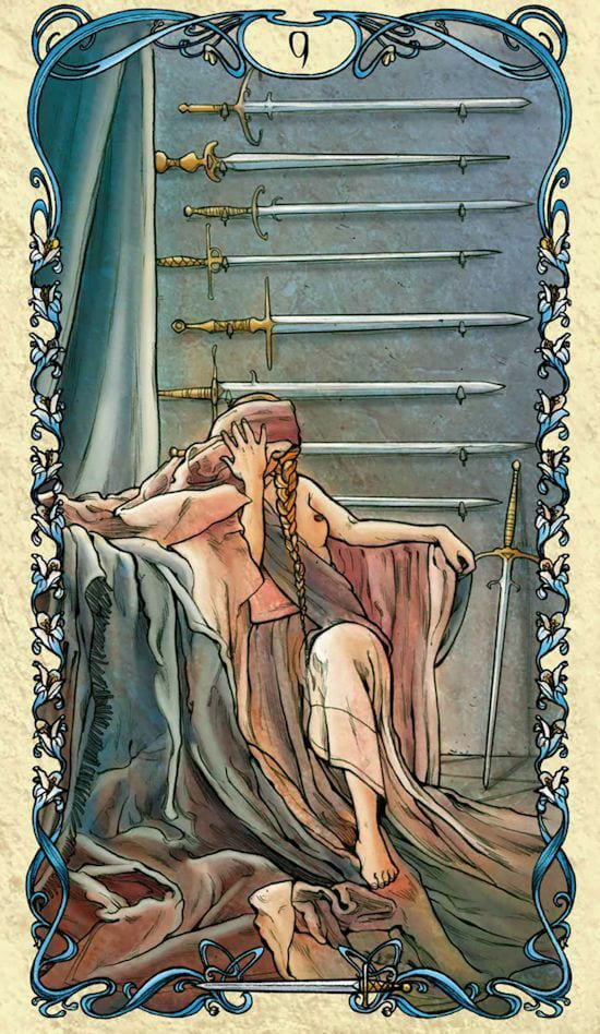 Nueve de Espadas — Tarot Mucha
