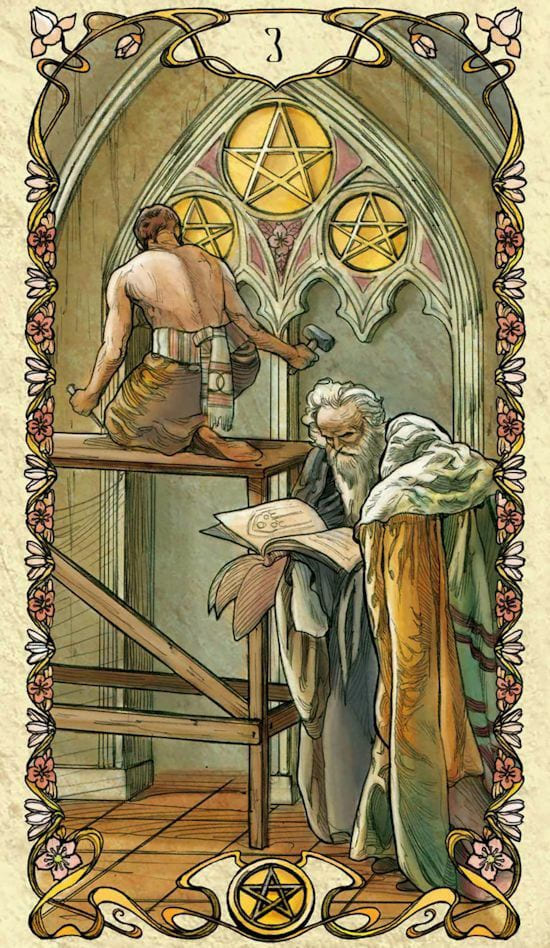 Three of Pentacles — Tarot Mucha