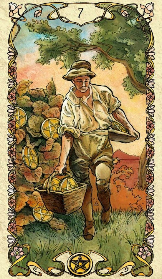 Siete de Oros — Tarot Mucha