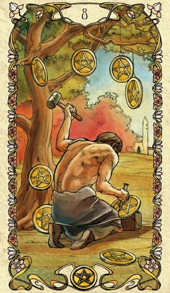 Ocho de Oros — Tarot Mucha