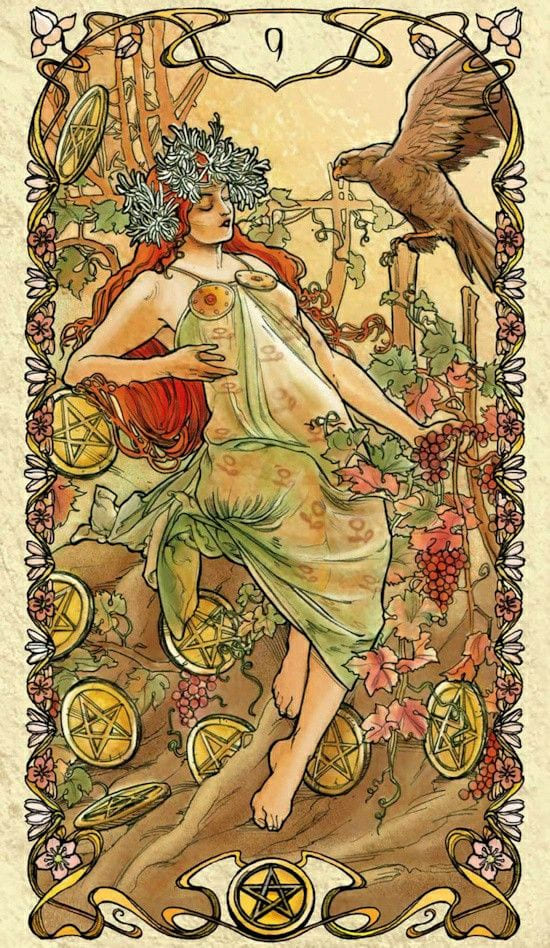 Nueve de Oros — Tarot Mucha