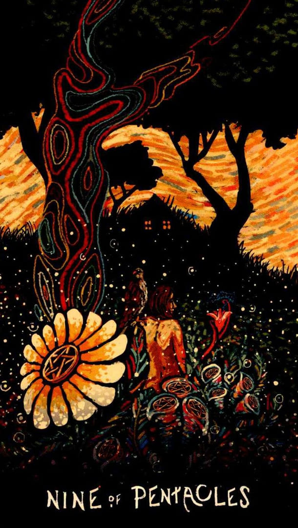 Nueve de Oros — Prisma Visions Tarot