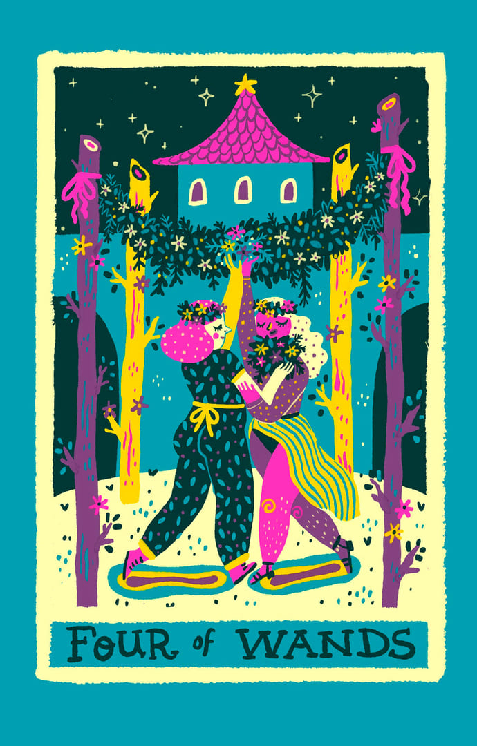 Cuatro de Bastos — Rainbow Tarot