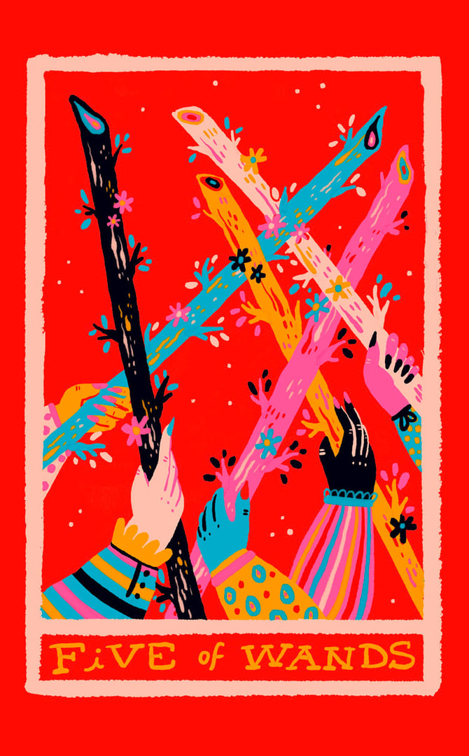 Cinco de Bastos — Rainbow Tarot