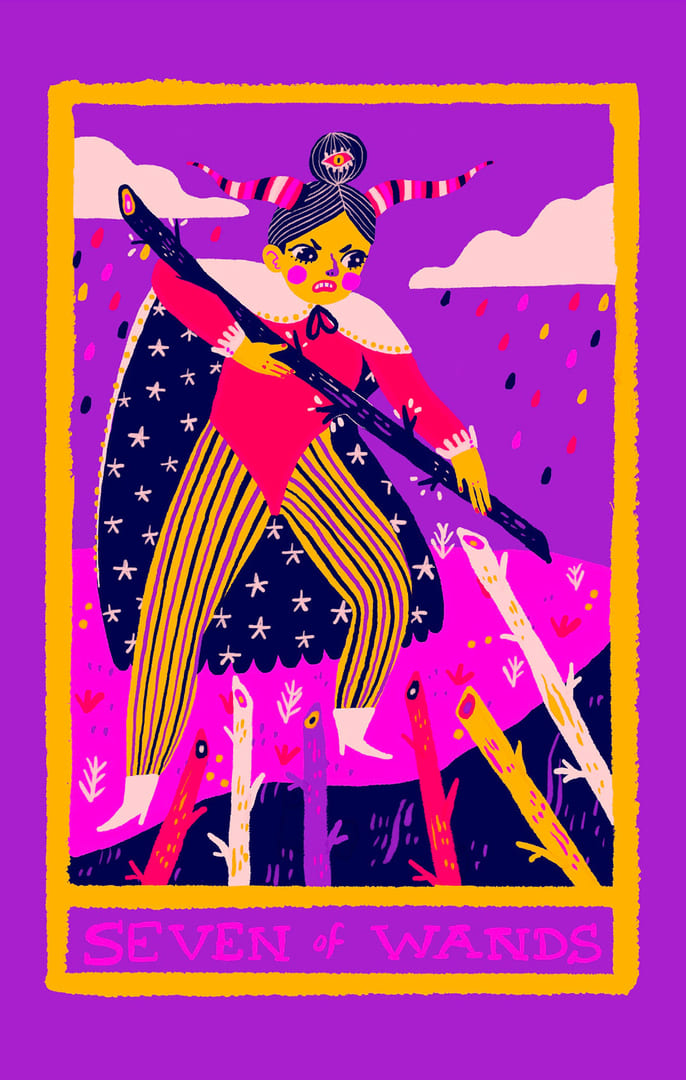 Siete de Bastos — Rainbow Tarot