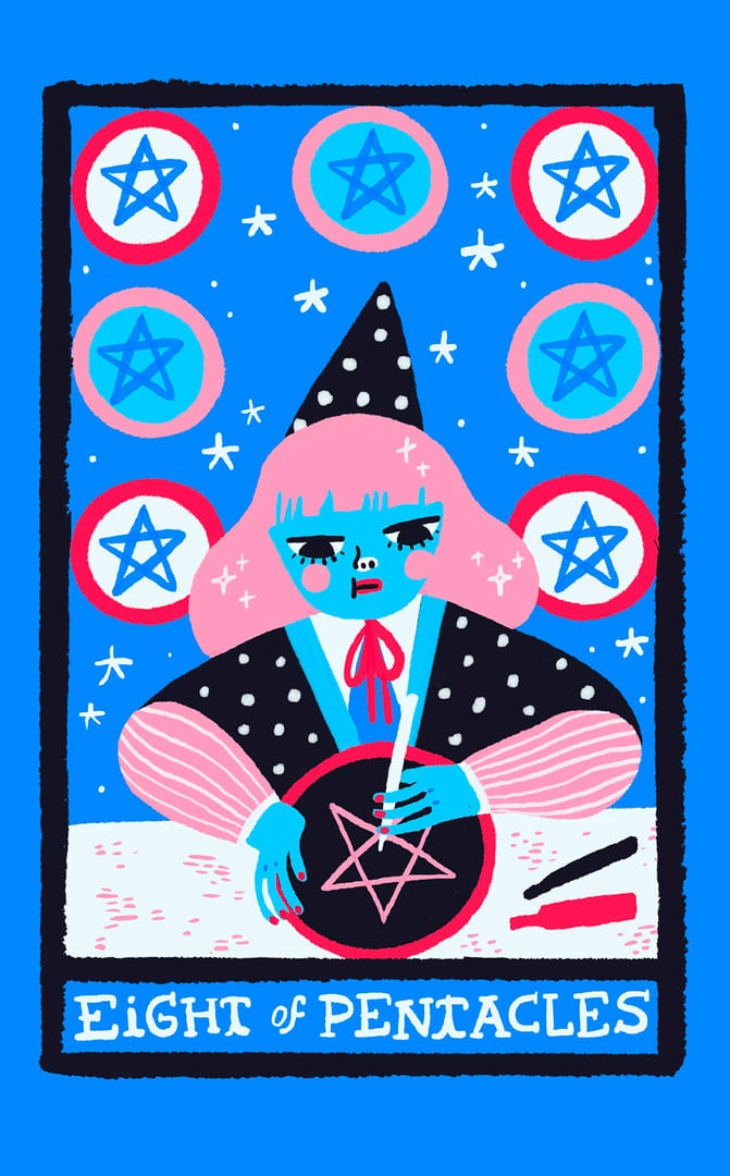 Ocho de Oros — Rainbow Tarot