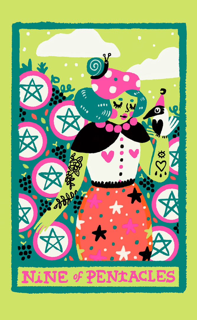 Nueve de Oros — Rainbow Tarot