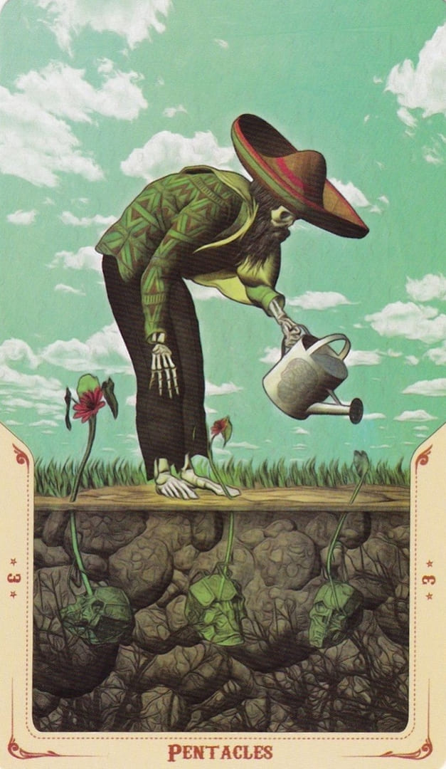 Tres de Oros — Tarot de la Santa Muerte