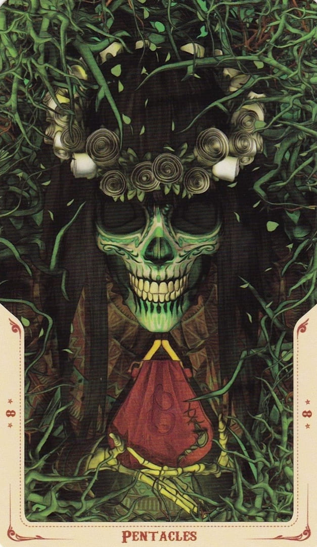 Ocho de Oros — Tarot de la Santa Muerte