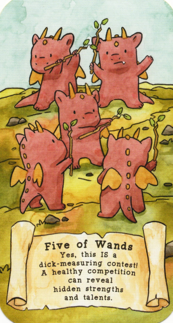 Five of Wands — Sassy Dragons Tarot