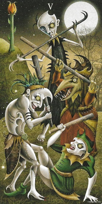 Cinco de Bastos — Deviant Moon Tarot