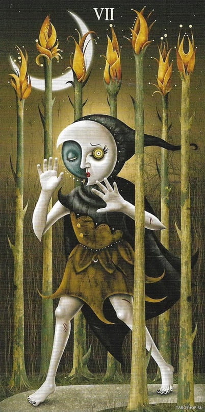 Siete de Bastos — Deviant Moon Tarot