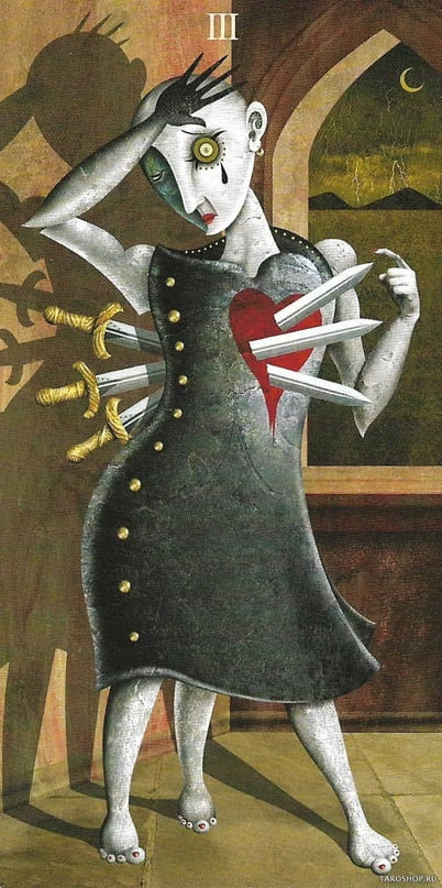 Tres de Espadas — Deviant Moon Tarot