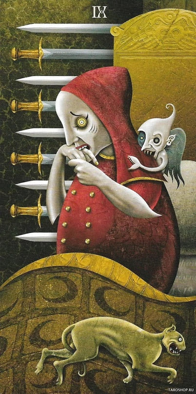 Nueve de Espadas — Deviant Moon Tarot