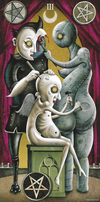 Tres de Oros — Deviant Moon Tarot