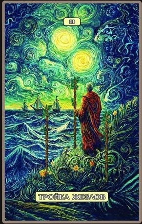 Three of Wands — Swirls of Light Tarot
